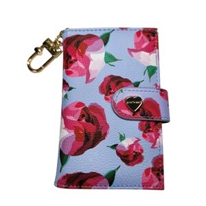 Betsy Johnson Blue Pink Floral Rose Wallet Small Bi Fold Snap Card Wallet Clip